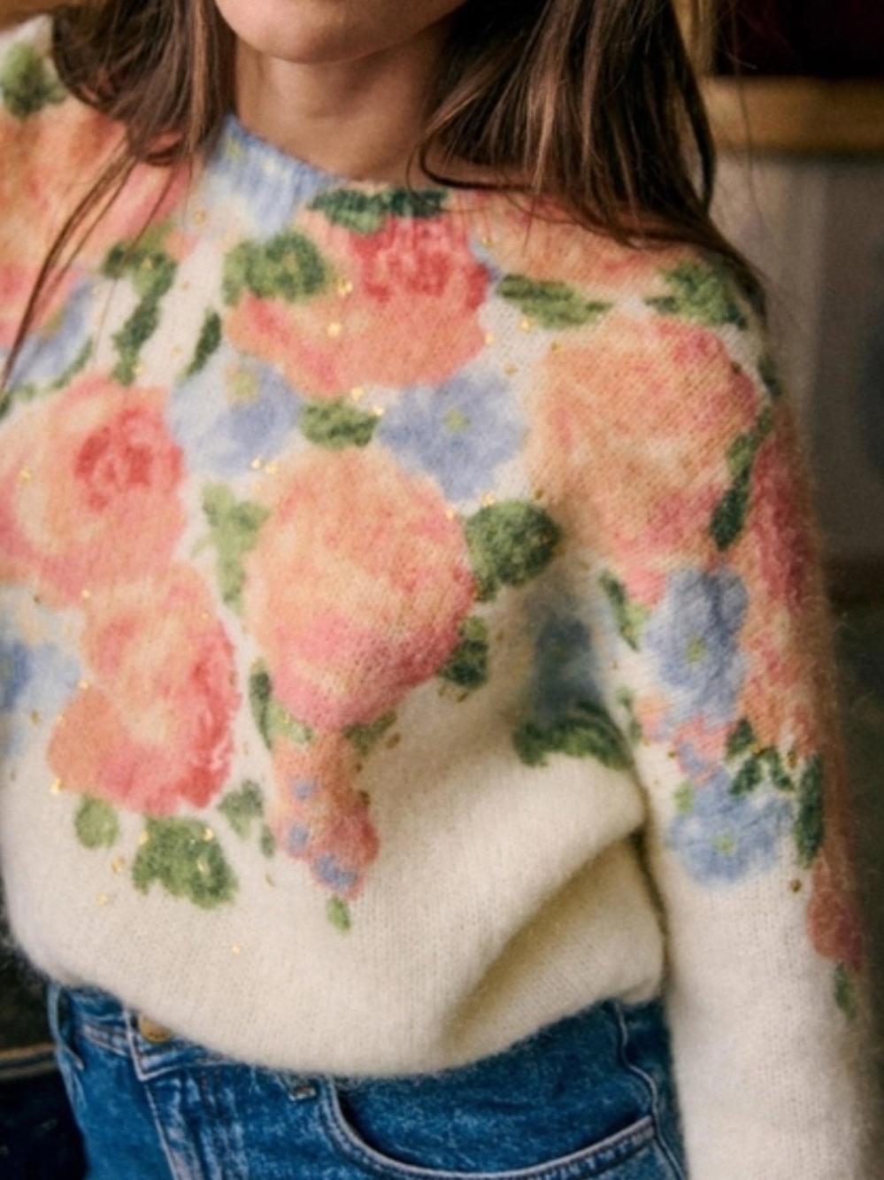 Sezane Malort Jumper Soft Sweater Ivory Xl Kid Mohair Wool Pink Flowers